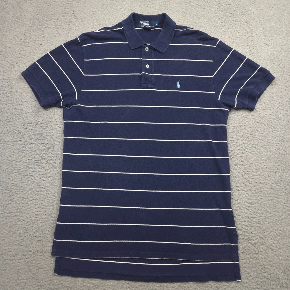 Polo Ralph Lauren Polo Shirt Men L Navy White Stripe Cotton Pique Short Sleeve